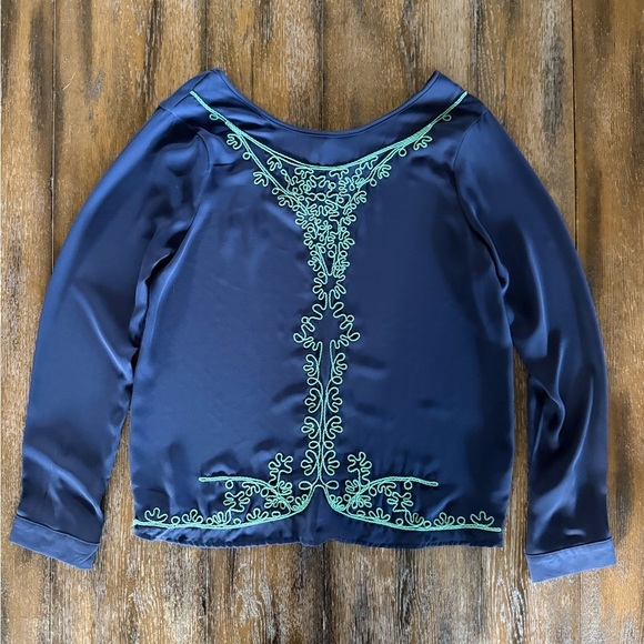 buttons Tops - Buttons Women’s Navy Blue Blouse with Green Embroidery Size M